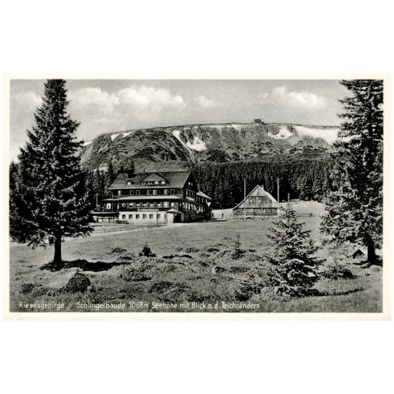 Riesengebirge. Schlingelbaude 1068m Seehöhe mit Blick n. d. Teichrändern