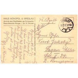 Haus Monopol, Breslau, gegenüber dem Stadttheater am Schlossplatz. Weinstuben / Rewers: Haus Monopol. Breslau vis-à-vis dem Stad