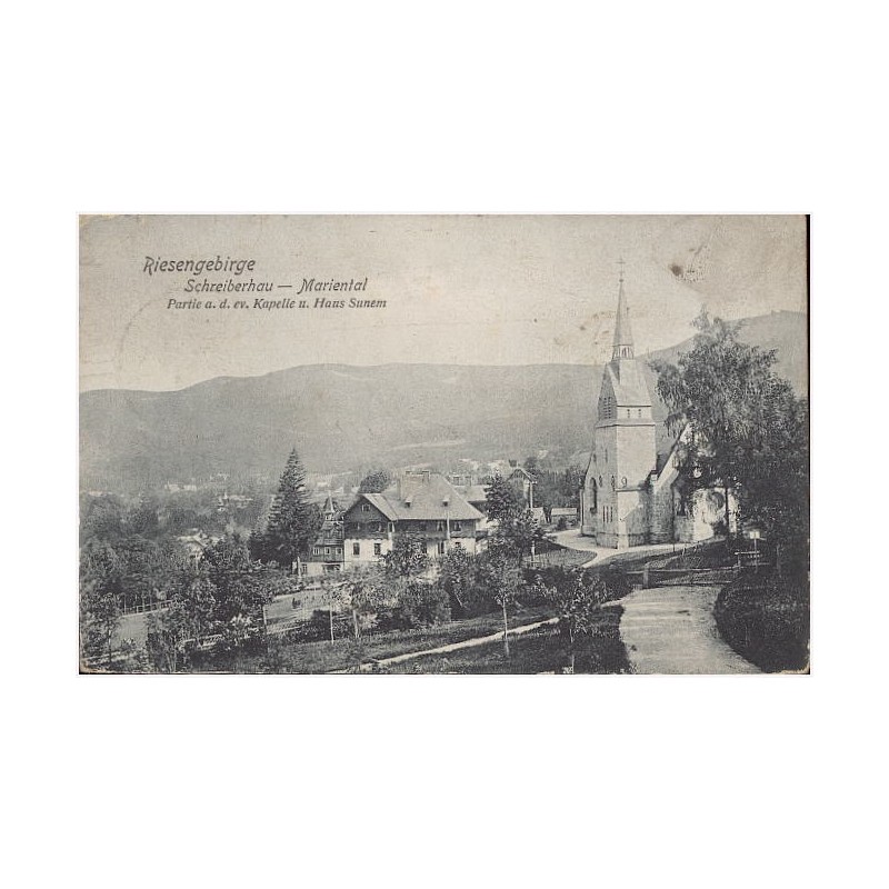 Riesengebirge. Schreiberhau-Mariental. Partie a. d. ev. Kapelle u. Haus Sunem