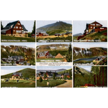 Bauden des Riesengebirges. Östlicher Seite. Schles. Grenzbaude 1100 m. Schlesierhaus 1394 Schneekoppe 1605 m. Prinz-Heinrich-Bau