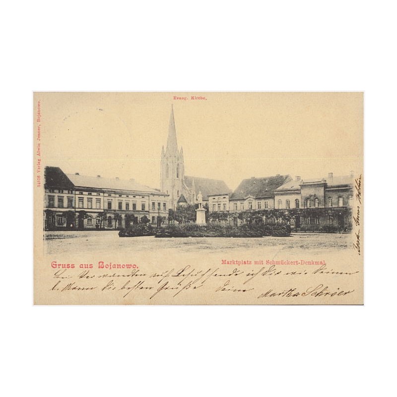 Gruss aus Bojanowo. Marktplatz mit Schmückert-Denkmal. Evang. Kirche