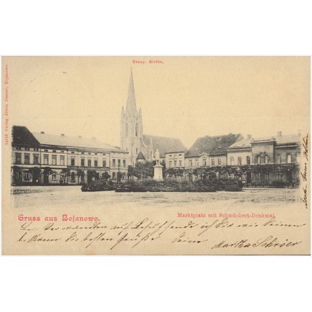 Gruss aus Bojanowo. Marktplatz mit Schmückert-Denkmal. Evang. Kirche