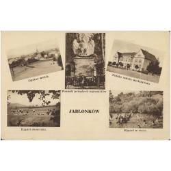 Jabłonków. Ogólny widok. Kąpiel słoneczna. Pomnik poległych legionistów. Polska szkoła wydziałowa. Kąpiel w rzece
