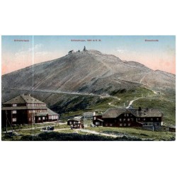 Schlesierhaus. Schneekoppe, 1605 m ü. M. Riesenbaude / Rewers: Riesengebirge. "Schlesierhaus". Baude am Koppenplan, 1400 m. ü. M