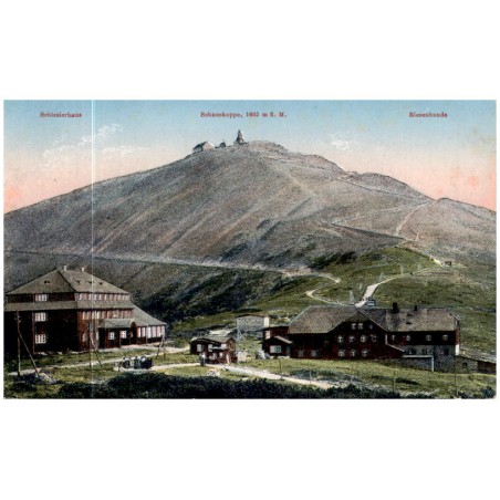 Schlesierhaus. Schneekoppe, 1605 m ü. M. Riesenbaude / Rewers: Riesengebirge. "Schlesierhaus". Baude am Koppenplan, 1400 m. ü. M