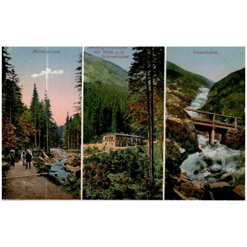 Melzergrund. Melzergrundbaude mit Blick a. d. Schneekoppe. Lomnitzfall. / Rewers: Riesengebirge