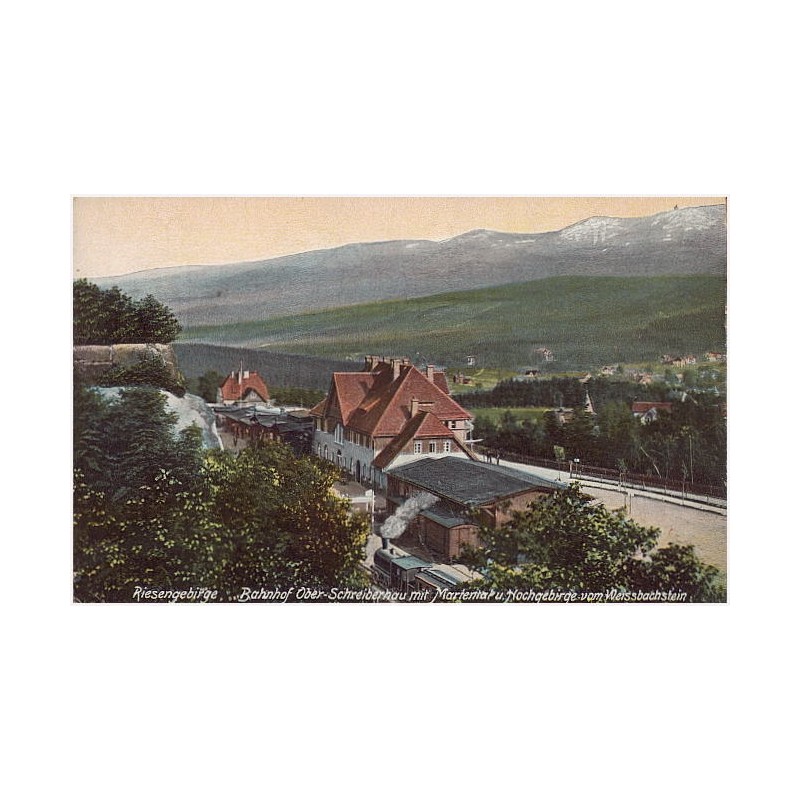 Riesengebirge. Bahnhof Ober-Schreiberhau mit Mariental u. Hochgebirge vom Weissbachstein