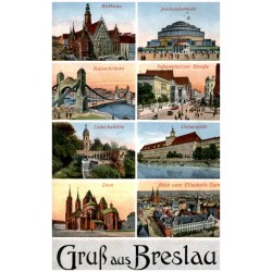 Gruß aus Breslau. Rathaus. Jahrhunderthalle. Kaiserbrücke. Schweidnitzer Straße. Liebichshöhe. Universität. Dom. Blick vom Elisa