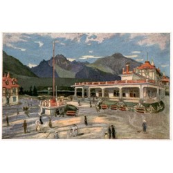Lázne Štrbské pleso dľa orig. E. Kosy. Grandhotel s pozadím jazera a Tater. Les eaux Štrbské pleso. Grandhôtel. The bath at the