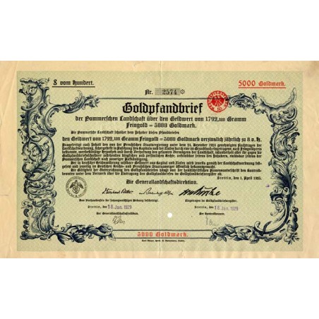 Pommerschen Landschaft. Goldpfandbrief 8% 5000 Goldmark. Stettin Szczecin 18.01.1929 (1.04.1925) Generallandschaftsdirektion