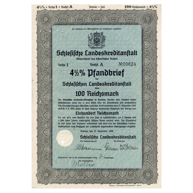 Schlesische Landeskreditanstalt. Reihe 1. 4,5% Pfandbrief 100 Reichsmark. Breslau / Wrocław 23.09.1936