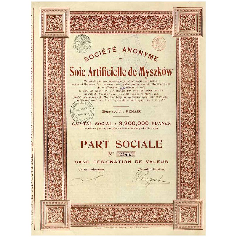 Fabryka sztucznego jedwabiu w Myszkowie. Akcja bez oznaczonej wartości 1924 / "SOCIÉTÉ ANONYME de Soie Artificielle de Myszków.