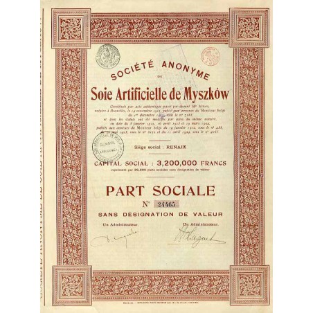 Fabryka sztucznego jedwabiu w Myszkowie. Akcja bez oznaczonej wartości 1924 / "SOCIÉTÉ ANONYME de Soie Artificielle de Myszków.