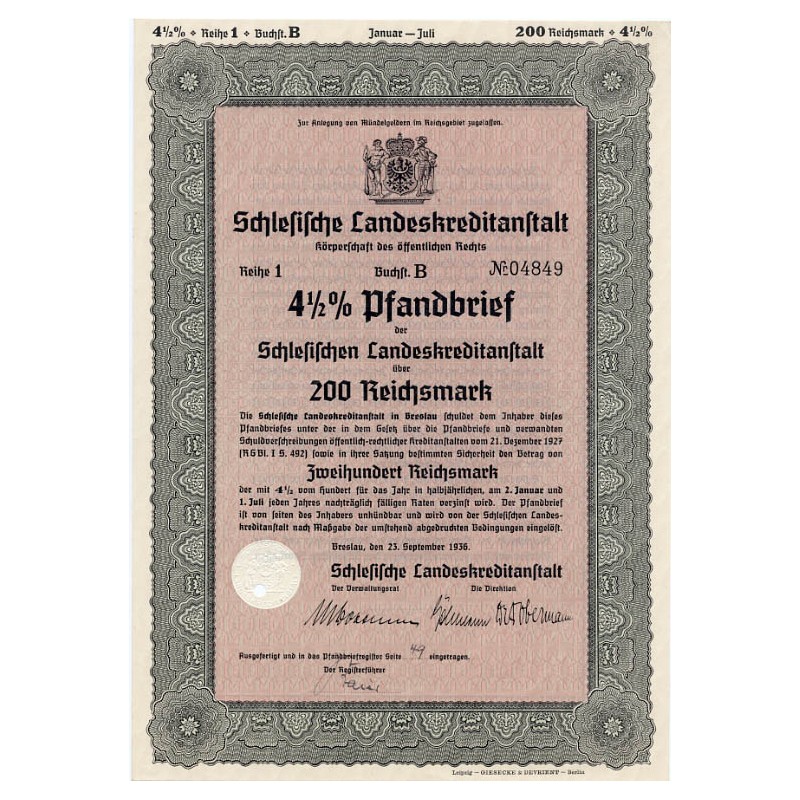Schlesische Landeskreditanstalt. Reihe 1. 4,5% Pfandbrief 200 Reichsmark. Breslau / Wrocław 23.09.1936