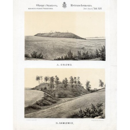 "Okopy (Szańce). Retranchements. MONUMENTA POLONIAE PRAEHISTORICA. [Ser.I. fasc.4] Tabl. XLIV. A. ORŁOWO. B. GAWŁOWICE."