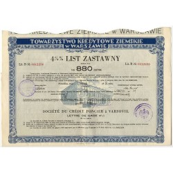 Towarzystwo Kredytowe Ziemskie w Warszawie. 4,5% list zastawny na 880 zł Seria V. Warszawa 7.01.1936