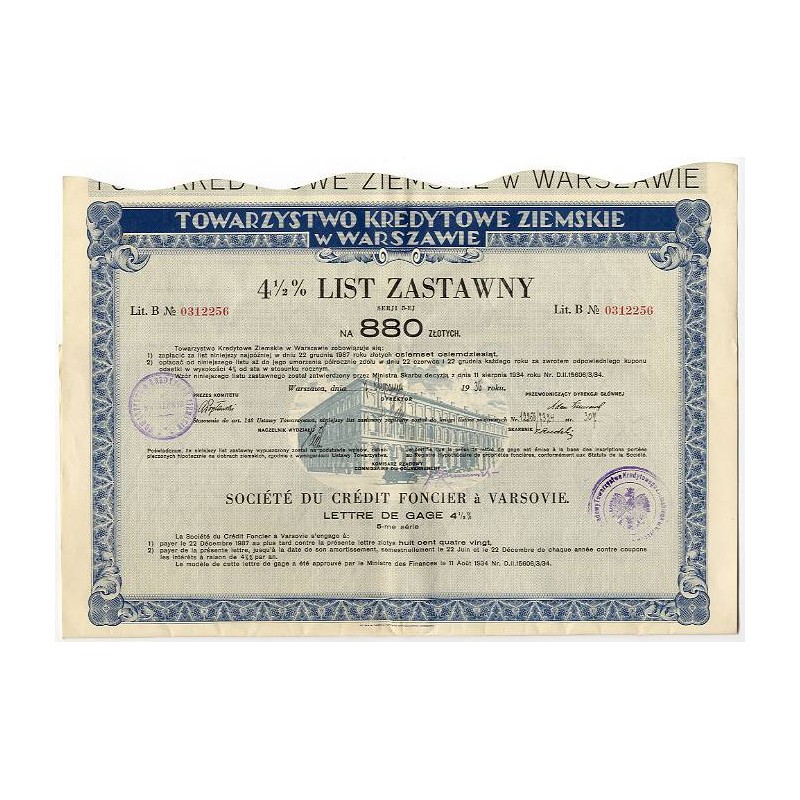 Towarzystwo Kredytowe Ziemskie w Warszawie. 4,5% list zastawny na 880 zł Seria V. Warszawa 7.01.1936