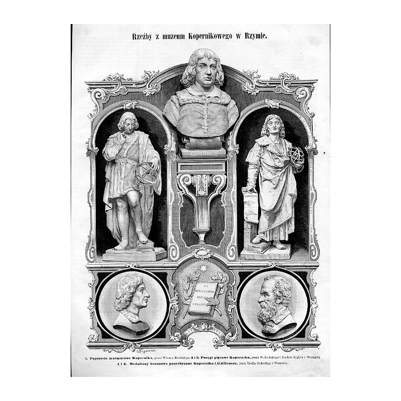 "Rzeźby z muzeum Kopernikowego w Rzymie. 1. Popiersie marmurowe, przez Wiktora Brodzkiego. 2. i 3. Posągi gipsowe Kopernika, prz