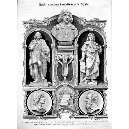 "Rzeźby z muzeum Kopernikowego w Rzymie. 1. Popiersie marmurowe, przez Wiktora Brodzkiego. 2. i 3. Posągi gipsowe Kopernika, prz