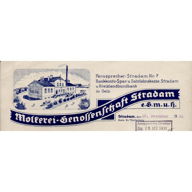 "Molkerei - Genossenschaft Stradam e.G.m.u.h. Stradam, den 19. Dezember 1931. Kreis Gr. Wartenberg"
