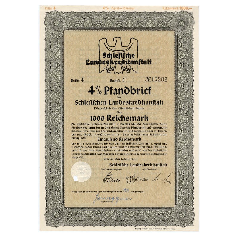 Schlesische Landeskreditanstalt. Reihe 4. 4% Pfandbrief 1000 Reichsmark. Breslau / Wrocław 1.07.1944