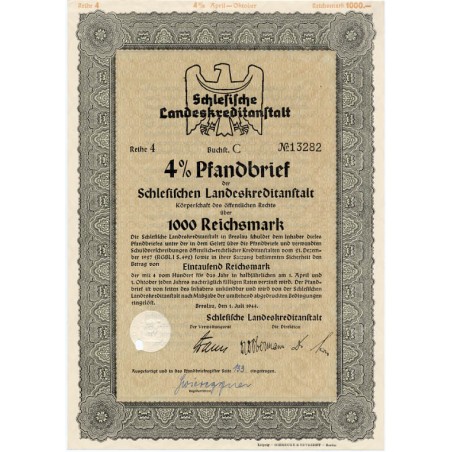 Schlesische Landeskreditanstalt. Reihe 4. 4% Pfandbrief 1000 Reichsmark. Breslau / Wrocław 1.07.1944