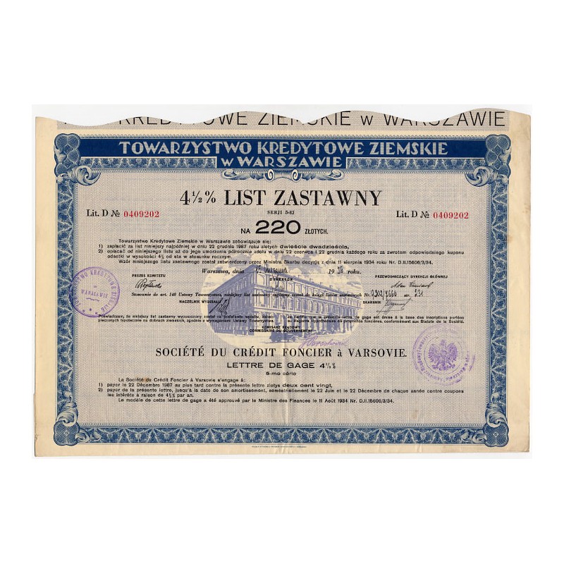 4,5% list zastawny na 220 zł Towarzystwa Kredytowego Ziemskiego w Warszawie. Seria V. Warszawa 15.01.1936