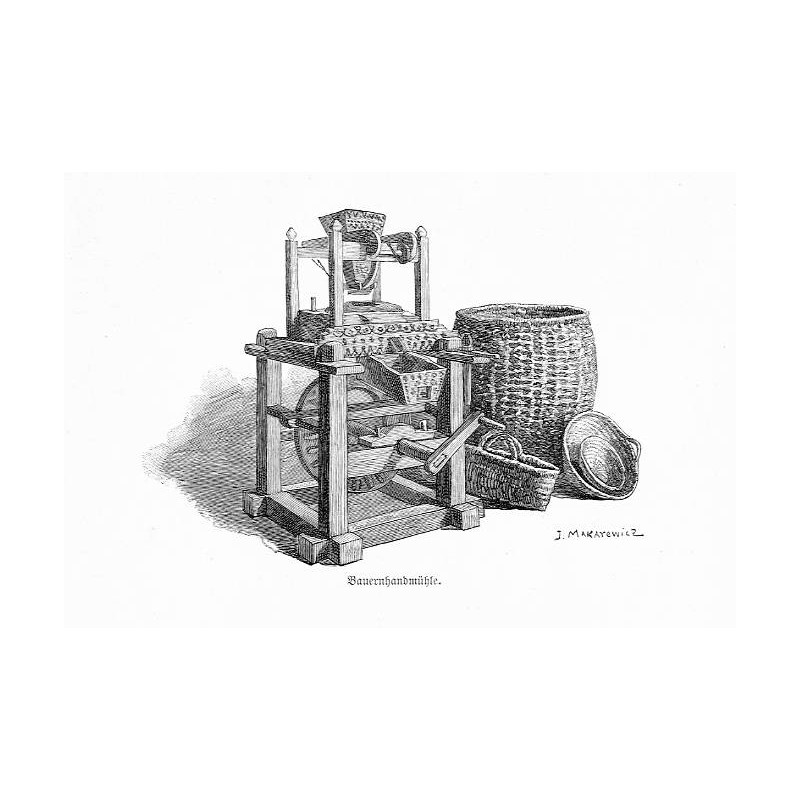 "Bauernhandmühle." / "Schlußbild (Bauernhandmühle mit Brandtechnik-Ornamenten - großer strohgeslochtener Kornbehälter- schilsges