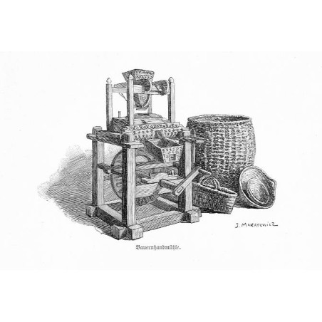 "Bauernhandmühle." / "Schlußbild (Bauernhandmühle mit Brandtechnik-Ornamenten - großer strohgeslochtener Kornbehälter- schilsges