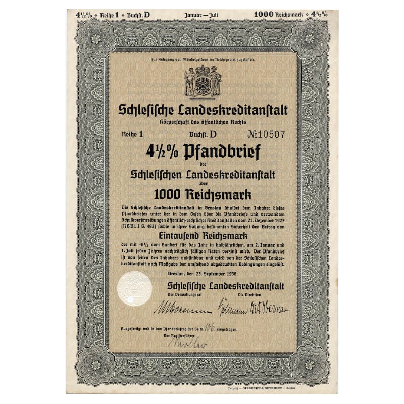 Schlesische Landeskreditanstalt. Reihe 1. 4,5% Pfandbrief 1000 Reichsmark. Breslau / Wrocław 23.09.1936