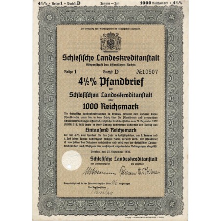 Schlesische Landeskreditanstalt. Reihe 1. 4,5% Pfandbrief 1000 Reichsmark. Breslau / Wrocław 23.09.1936