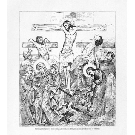 "Kreuzigungsgruppe aus dem Freskencyclus der Jagiellonischen Kapelle in Krakau."