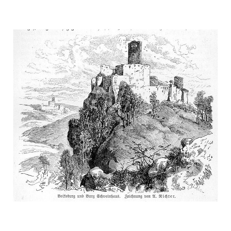 "Bolkoburg und Burg Schweinhaus. Zeichnung von A. Richter."