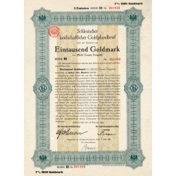 Schlesische Landschaft. Schlesischer landschaftlicher Goldpfandbrief. I. Emission Reihe III. 7% 1000 Goldmark. Breslau / Wrocław