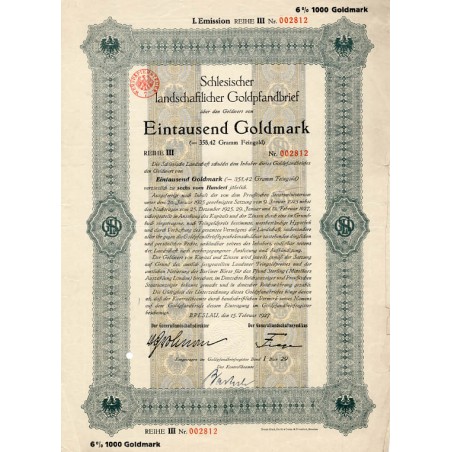 Schlesische Landschaft. Schlesischer landschaftlicher Goldpfandbrief. I. Emission Reihe III. 6% 1000 Goldmark. Breslau / Wrocław