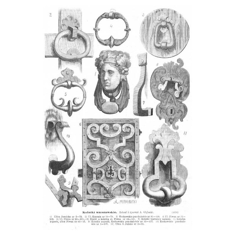 "Kołatki warszawskie. Zebrał i rysował A. Głębocki. 1) Ulica Jezuicka nr 2-73. 2) Ul. Kanonia nr 18-78. 3) Krakowskie przedmieśc
