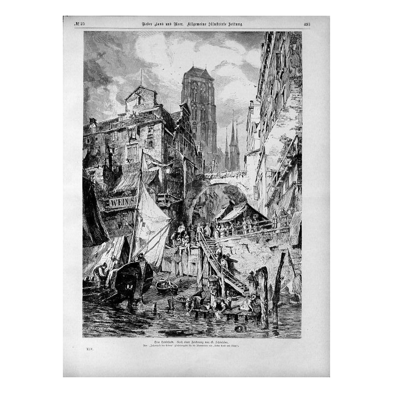 "Eine Hansestadt. Nach einer Zeichnung von G. Schönleber. Aus: "Jahrntarkt des Lebens" (Prämiengabe für die Abonnenten von "Uebe