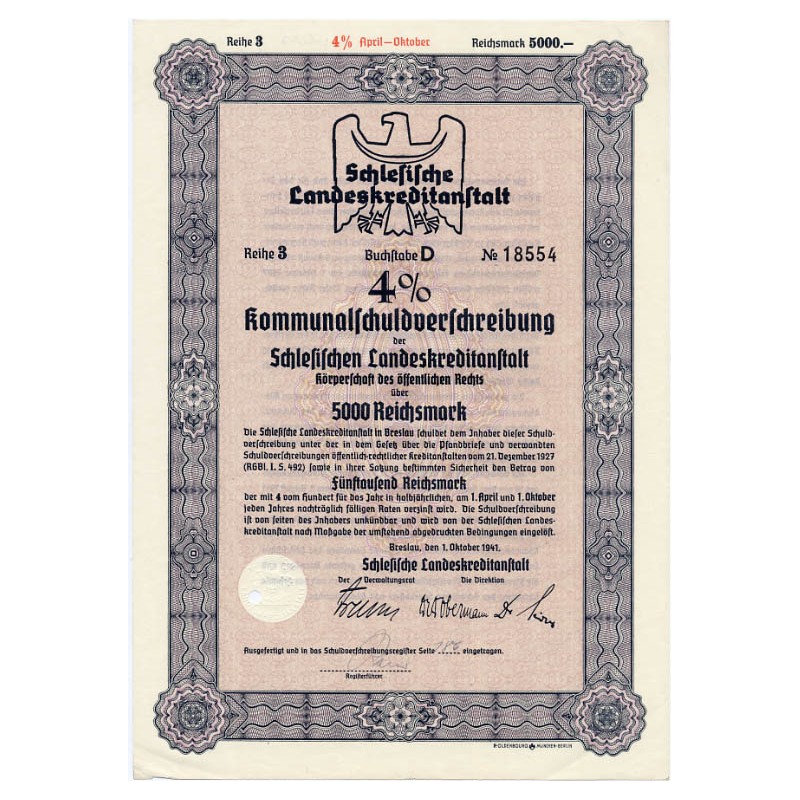 Schlesische Landeskreditanstalt. Reihe 3. 4% Kommunalschuldverschreibung 5000 Reichsmark. Breslau / Wrocław 1.10.1941