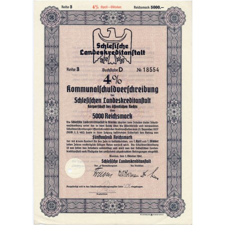 Schlesische Landeskreditanstalt. Reihe 3. 4% Kommunalschuldverschreibung 5000 Reichsmark. Breslau / Wrocław 1.10.1941