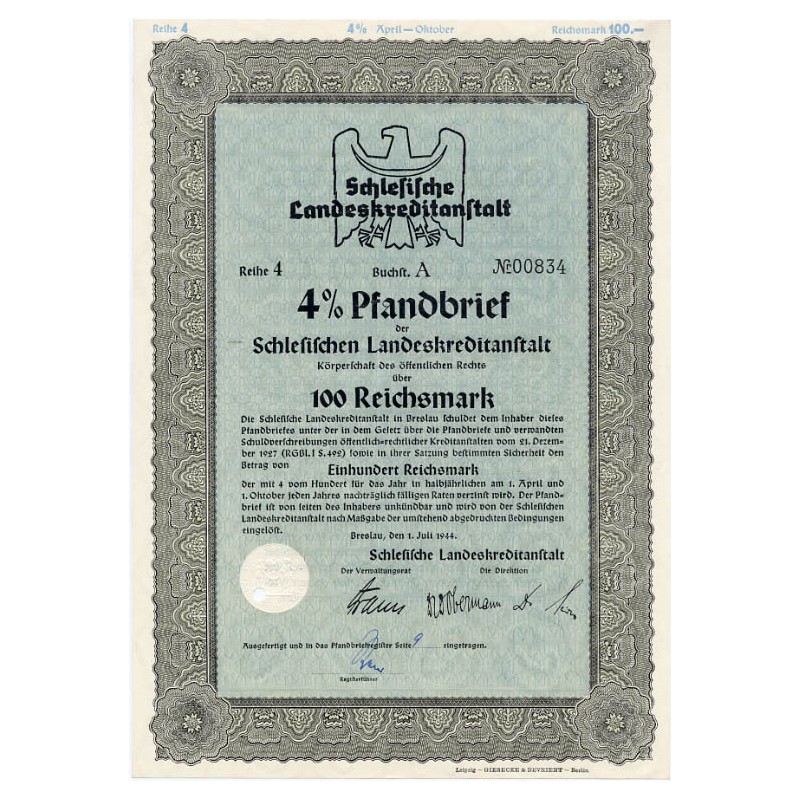 Schlesische Landeskreditanstalt. Reihe 4. 4% Pfandbrief 100 Reichsmark. Breslau / Wrocław 1.07.1944