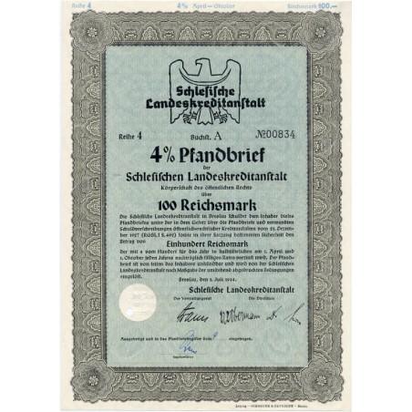 Schlesische Landeskreditanstalt. Reihe 4. 4% Pfandbrief 100 Reichsmark. Breslau / Wrocław 1.07.1944