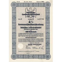 Schlesische Landeskreditanstalt. Reihe 2. 4% Kommunalschuldverschreibung 1000 Reichsmark. Breslau / Wrocław 1.10.1940