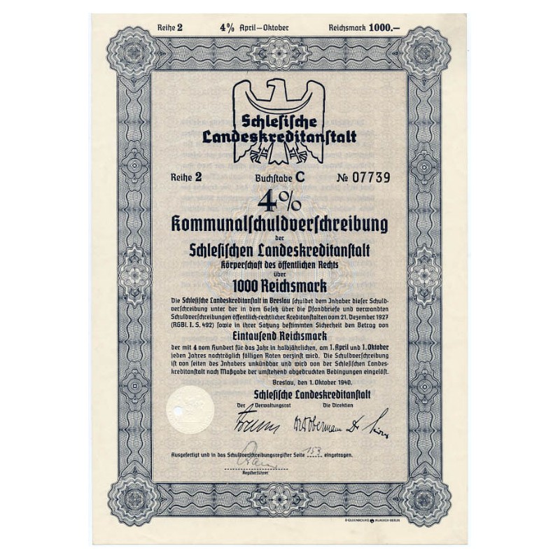 Schlesische Landeskreditanstalt. Reihe 2. 4% Kommunalschuldverschreibung 1000 Reichsmark. Breslau / Wrocław 1.10.1940