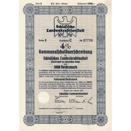 Schlesische Landeskreditanstalt. Reihe 2. 4% Kommunalschuldverschreibung 1000 Reichsmark. Breslau / Wrocław 1.10.1940