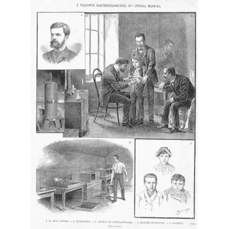 Z Pracowni Bakteriologicznej dra Ottona Bujwida. 1. Dr. Otto Bujwid 2. Szczepienie 3. Aparat do sterylizowania 4. Króliki szczep