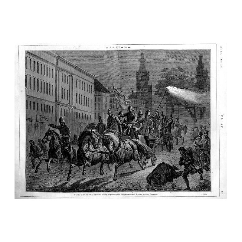 "WARSZAWA. Oddział pierwszy straży ogniowéj jadący do pożaru przez ulicę Senatorską. Rysował z natury Brodowski. (1843)"