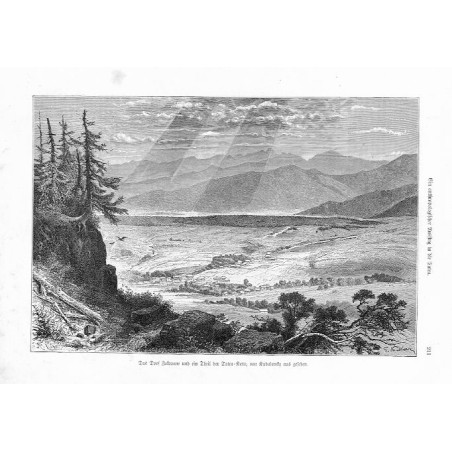 "Das Dorf Zakopane und ein Theil der TatraKette, von Kubalowka aus gesehen." / Widok na wieś Zakopane i część pasma Tatr ujęte