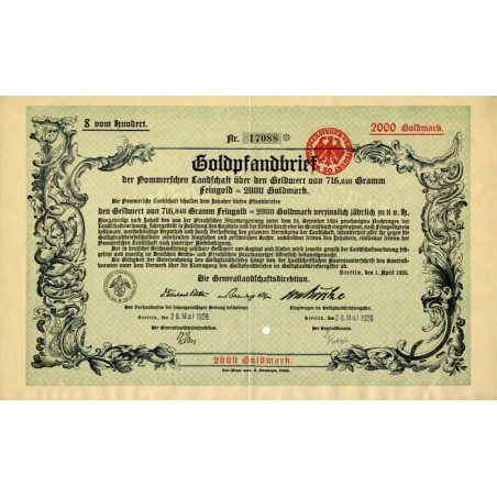 Pommerschen Landschaft. Goldpfandbrief 8% 2000 Goldmark. Stettin (Szczecin) 28.05.1926 (1.04.1925) Generallandschaftsdirektion