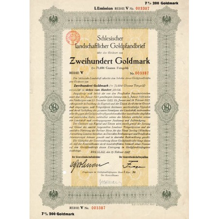 Schlesische Landschaft. Schlesischer landschaftlicher Goldpfandbrief. I. Emission Reihe V. 7% 200 Goldmark. Breslau / Wrocław 15