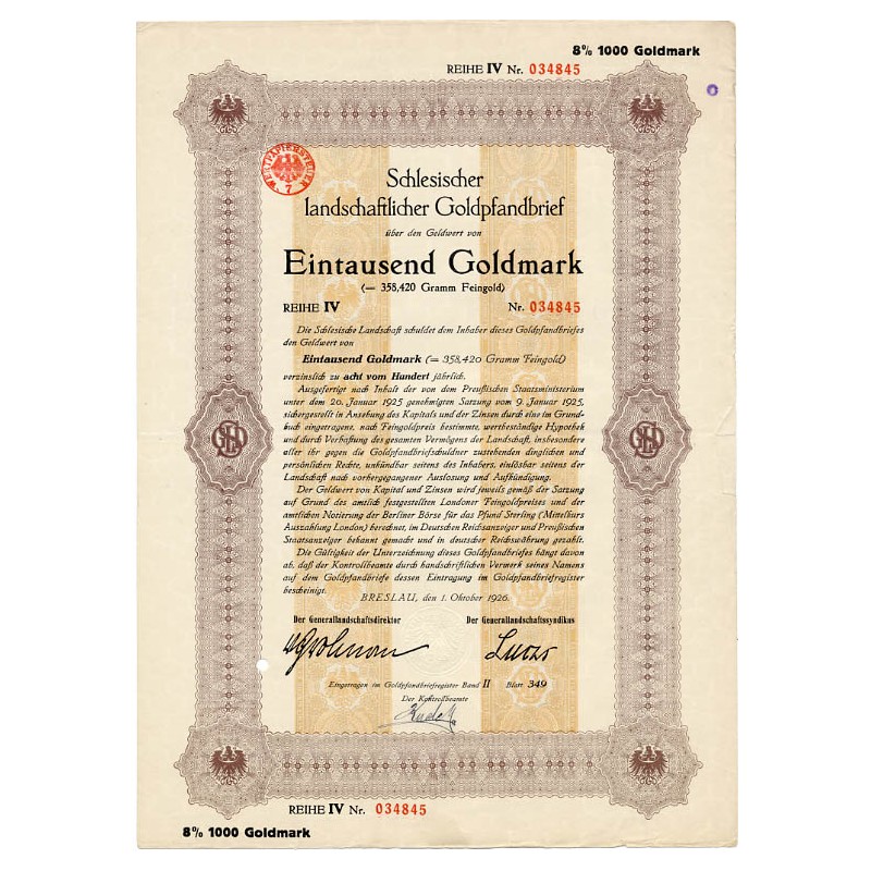 Schlesische Landschaft. Schlesischer landschaftlicher Goldpfandbrief. Reihe IV. 8% 1000 Goldmark. Breslau / Wrocław 1.10.1926